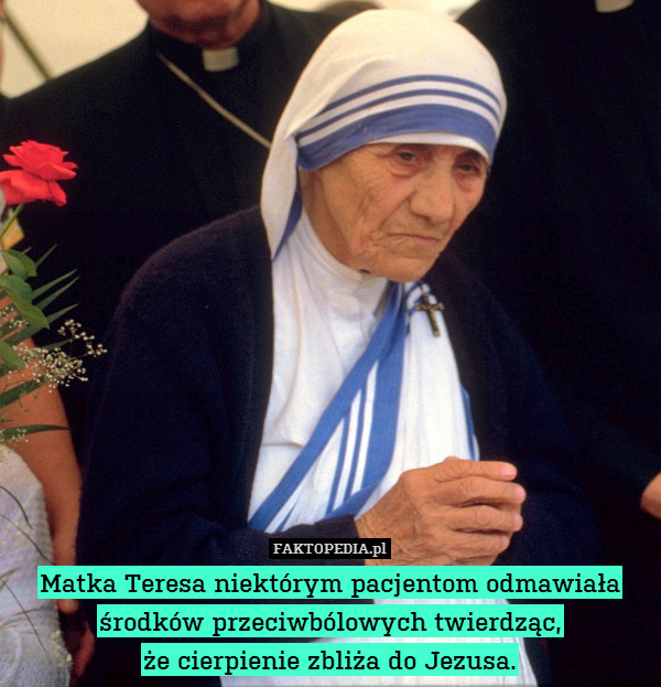 Matka Teresa niektórym pacjentom odmawiała środków przeciwbólowych twierdząc,
że cierpienie zbliża do Jezusa. 