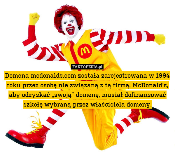 Domena mcdonalds.com została zarejestrowana w 1994 roku przez osobę nie związaną z tą firmą. McDonald&apos;s, aby odzyskać „swoją” domenę, musiał dofinansować szkołę wybraną przez właściciela domeny. 