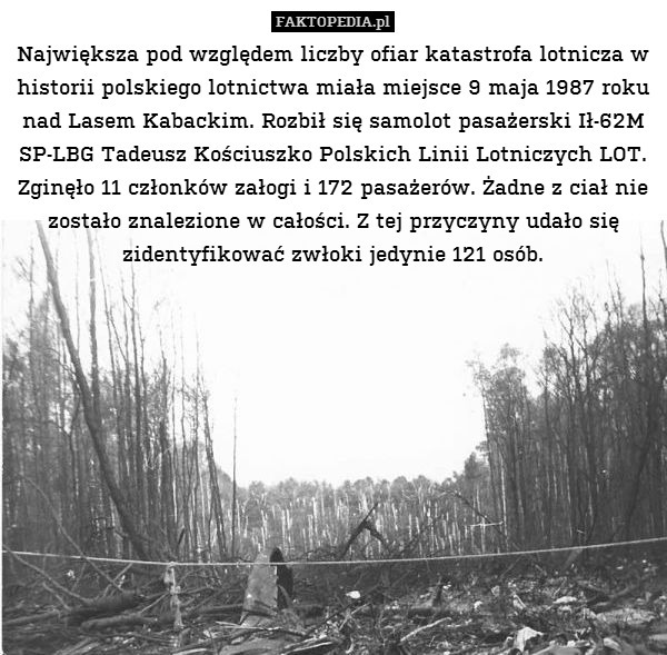 Największa pod względem liczby ofiar katastrofa lotnicza w historii polskiego lotnictwa miała miejsce 9 maja 1987 roku nad Lasem Kabackim. Rozbił się samolot pasażerski Ił-62M SP-LBG Tadeusz Kościuszko Polskich Linii Lotniczych LOT. Zginęło 11 członków załogi i 172 pasażerów. Żadne z ciał nie zostało znalezione w całości. Z tej przyczyny udało się zidentyfikować zwłoki jedynie 121 osób. 