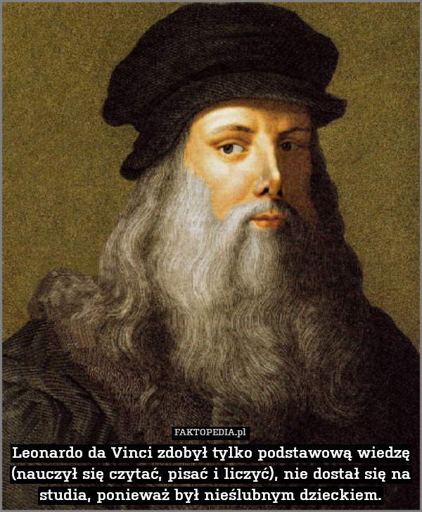 Leonardo da Vinci zdobył tylko podstawową wiedzę (nauczył się czytać, pisać i liczyć), nie dostał się na studia, ponieważ był nieślubnym dzieckiem. 