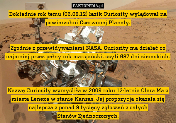 Dokładnie rok temu (06.08.12) łazik Curiosity wylądował na powierzchni Czerwonej Planety.


Zgodnie z przewidywaniami NASA, Curiosity ma działać co najmniej przez pełny rok marsjański, czyli 687 dni ziemskich.



Nazwę Curiosity wymyśliła w 2009 roku 12-letnia Clara Ma z miasta Lenexa w stanie Kansas. Jej propozycja okazała się najlepsza z ponad 9 tysięcy zgłoszeń z całych
Stanów Zjednoczonych. 