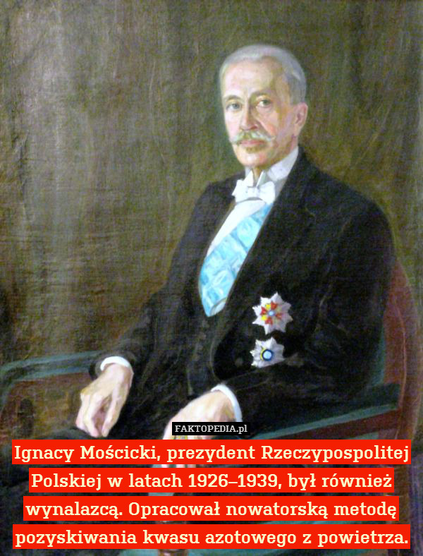 Ignacy Mościcki, prezydent Rzeczypospolitej Polskiej w latach 1926–1939, był również wynalazcą. Opracował nowatorską metodę pozyskiwania kwasu azotowego z powietrza. 