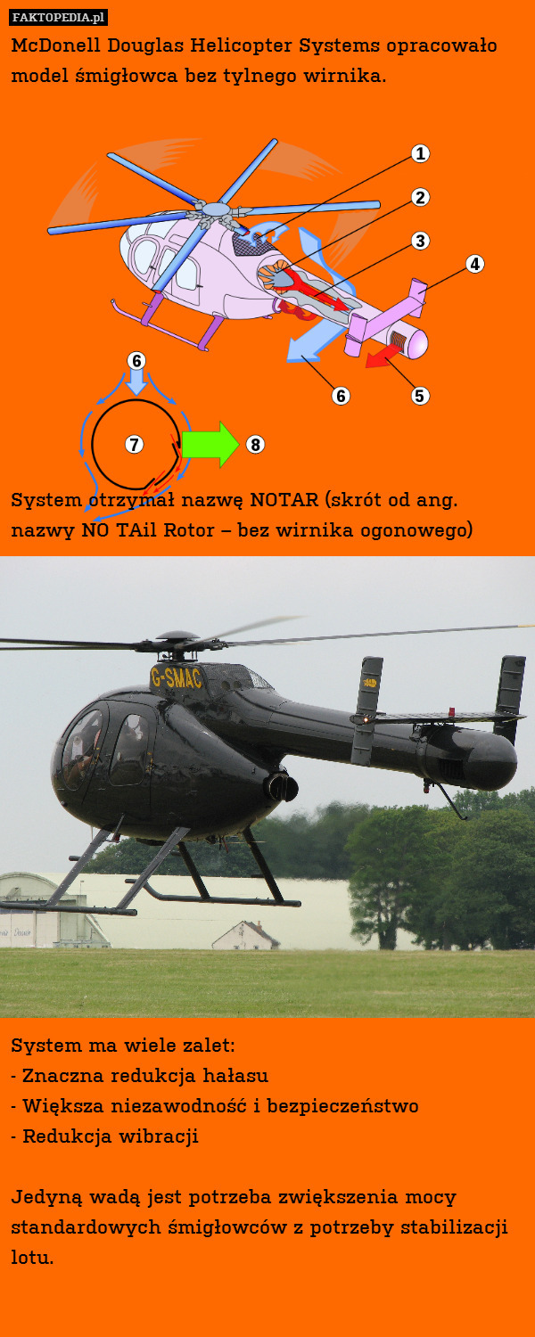 McDonell Douglas Helicopter Systems opracowało model śmigłowca bez tylnego wirnika.













System otrzymał nazwę NOTAR (skrót od ang. nazwy NO TAil Rotor – bez wirnika ogonowego)
















System ma wiele zalet: 
- Znaczna redukcja hałasu
- Większa niezawodność i bezpieczeństwo
- Redukcja wibracji

Jedyną wadą jest potrzeba zwiększenia mocy standardowych śmigłowców z potrzeby stabilizacji lotu. 