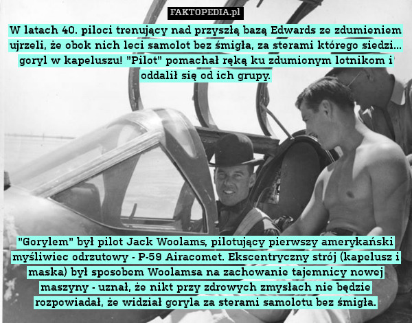W latach 40. piloci trenujący nad przyszłą bazą Edwards ze zdumieniem ujrzeli, że obok nich leci samolot bez śmigła, za sterami którego siedzi... goryl w kapeluszu! "Pilot" pomachał ręką ku zdumionym lotnikom i oddalił się od ich grupy.










"Gorylem" był pilot Jack Woolams, pilotujący pierwszy amerykański myśliwiec odrzutowy - P-59 Airacomet. Ekscentryczny strój (kapelusz i maska) był sposobem Woolamsa na zachowanie tajemnicy nowej maszyny - uznał, że nikt przy zdrowych zmysłach nie będzie rozpowiadał, że widział goryla za sterami samolotu bez śmigła. 