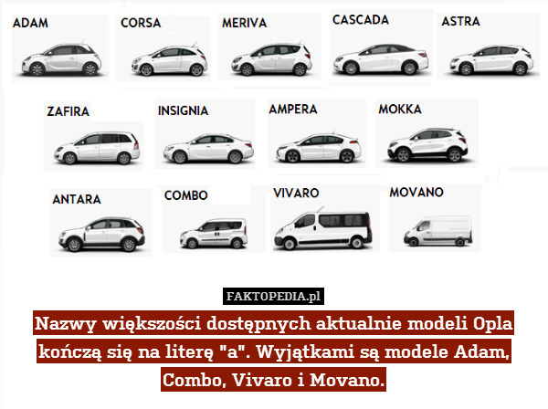 Nazwy większości dostępnych aktualnie modeli Opla kończą się na literę "a". Wyjątkami są modele Adam, Combo, Vivaro i Movano. 