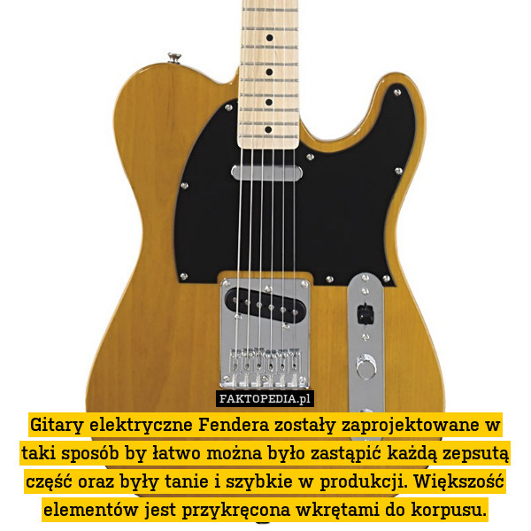 Gitary elektryczne Fendera zostały zaprojektowane w taki sposób by łatwo można było zastąpić każdą zepsutą część oraz były tanie i szybkie w produkcji. Większość elementów jest przykręcona wkrętami do korpusu. 
