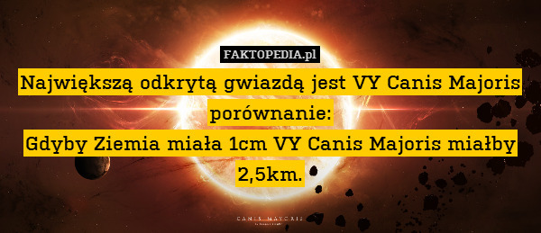 Największą odkrytą gwiazdą jest VY Canis Majoris porównanie:
Gdyby Ziemia miała 1cm VY Canis Majoris miałby 2,5km. 