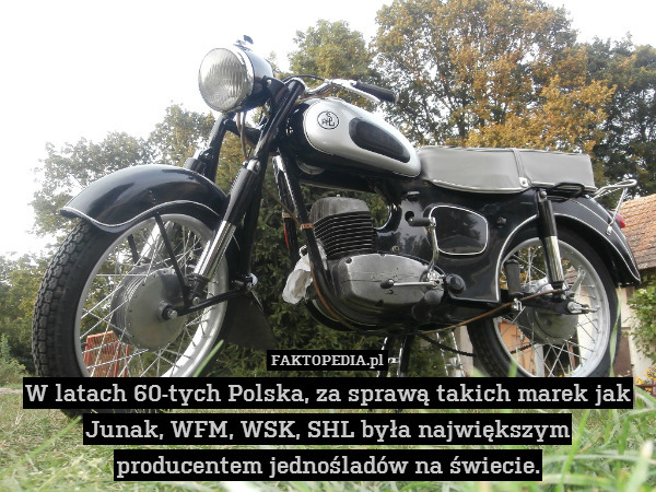 W latach 60-tych Polska, za sprawą takich marek jak Junak, WFM, WSK, SHL była największym producentem jednośladów na świecie. 