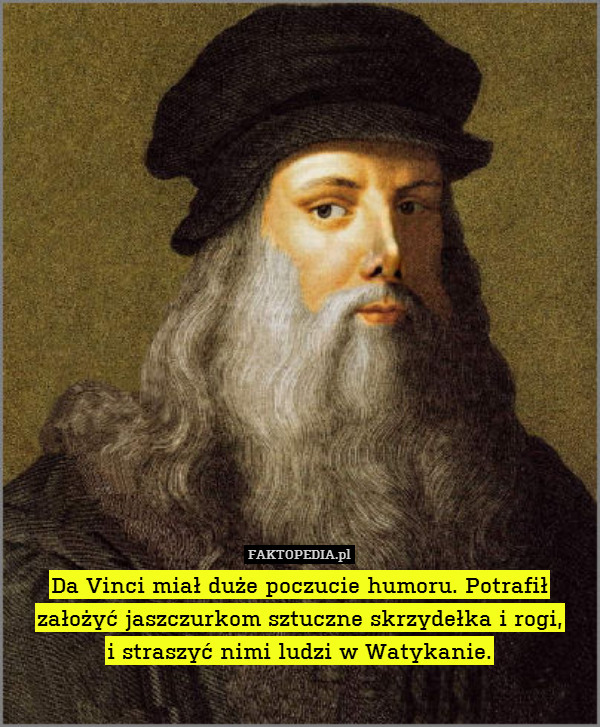 Da Vinci miał duże poczucie humoru. Potrafił założyć jaszczurkom sztuczne skrzydełka i rogi,
i straszyć nimi ludzi w Watykanie. 