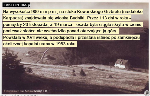 Na wysokości 900 m n.p.m., na stoku Kowarskiego Grzbietu (niedaleko Karpacza) znajdowała się wioska Budniki. Przez 113 dni w roku - pomiędzy 26 listopada, a 19 marca - osada była ciągle skryta w cieniu, ponieważ słońce nie wschodziło ponad otaczające ją góry. 
Powstała w XVII wieku, a podupadła i przestała istnieć po zamknięciu okolicznej kopalni uranu w 1953 roku. 