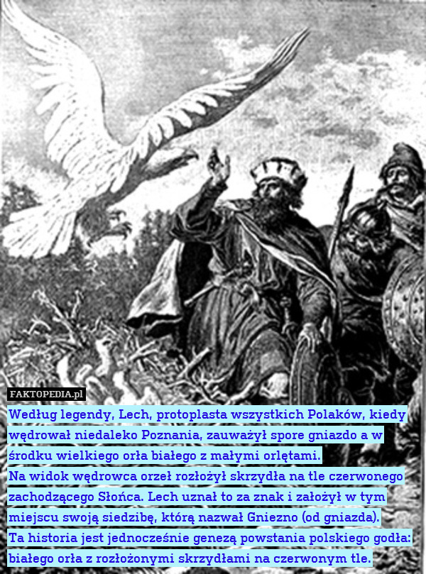 Według legendy, Lech, protoplasta wszystkich Polaków, kiedy wędrował niedaleko Poznania, zauważył spore gniazdo a w środku wielkiego orła białego z małymi orlętami.
Na widok wędrowca orzeł rozłożył skrzydła na tle czerwonego zachodzącego Słońca. Lech uznał to za znak i założył w tym miejscu swoją siedzibę, którą nazwał Gniezno (od gniazda).
Ta historia jest jednocześnie genezą powstania polskiego godła: białego orła z rozłożonymi skrzydłami na czerwonym tle. 
