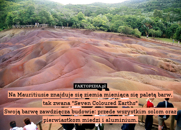 Na Mauritiusie znajduje się ziemia mieniąca się paletą barw, tak zwana "Seven Coloured Earths"
Swoją barwę zawdzięcza budowie: przede wszystkim solom oraz pierwiastkom miedzi i aluminium. 
