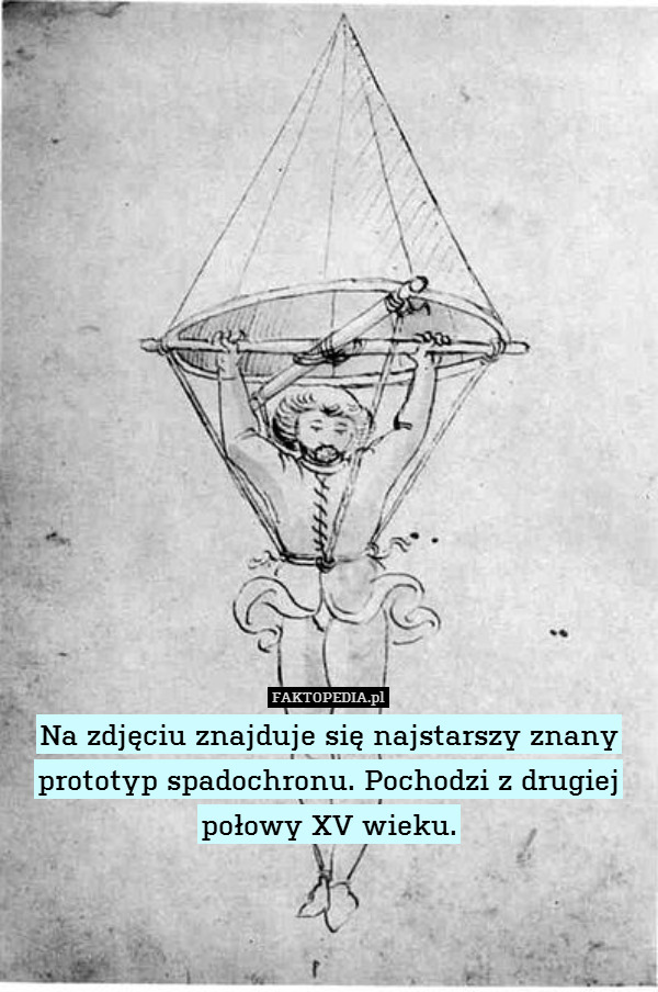 Na zdjęciu znajduje się najstarszy znany prototyp spadochronu. Pochodzi z drugiej połowy XV wieku. 