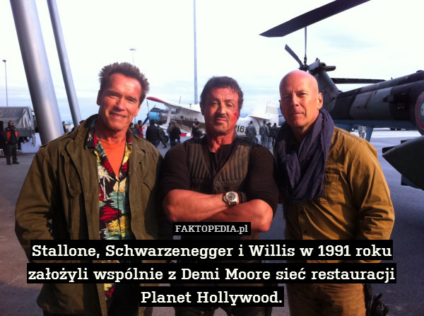 Stallone, Schwarzenegger i Willis w 1991 roku założyli wspólnie z Demi Moore sieć restauracji Planet Hollywood. 