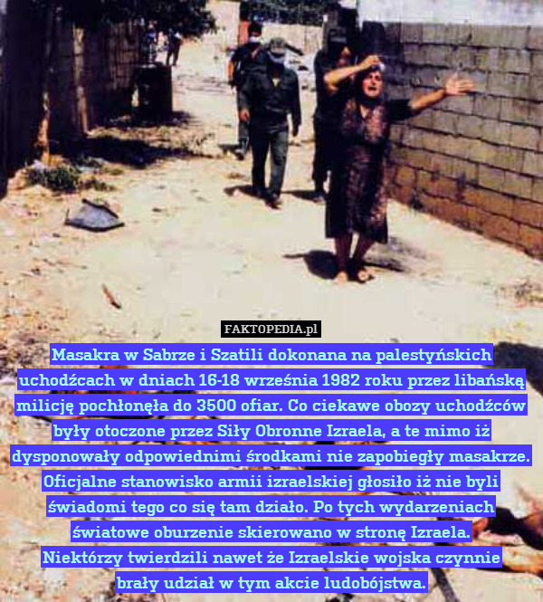 Masakra w Sabrze i Szatili dokonana na palestyńskich uchodźcach w dniach 16-18 września 1982 roku przez libańską milicję pochłonęła do 3500 ofiar. Co ciekawe obozy uchodźców były otoczone przez Siły Obronne Izraela, a te mimo iż dysponowały odpowiednimi środkami nie zapobiegły masakrze. Oficjalne stanowisko armii izraelskiej głosiło iż nie byli świadomi tego co się tam działo. Po tych wydarzeniach światowe oburzenie skierowano w stronę Izraela.
Niektórzy twierdzili nawet że Izraelskie wojska czynnie
brały udział w tym akcie ludobójstwa. 