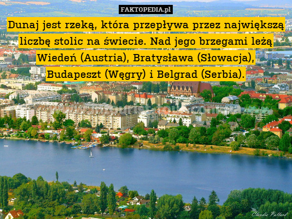 Dunaj jest rzeką, która przepływa przez największą liczbę stolic na świecie. Nad jego brzegami leżą Wiedeń (Austria), Bratysława (Słowacja),
Budapeszt (Węgry) i Belgrad (Serbia). 