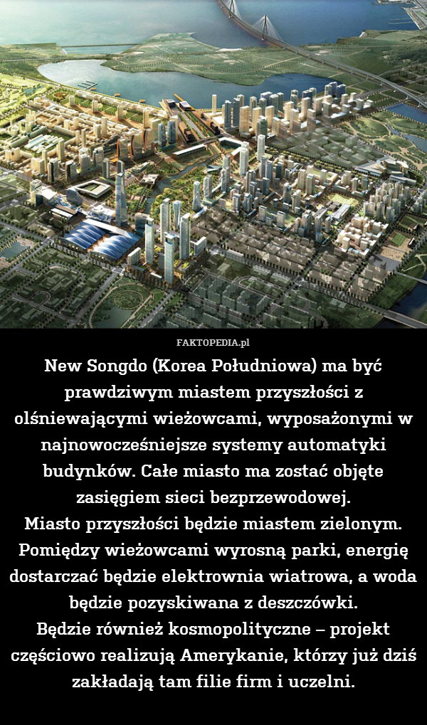 New Songdo (Korea Południowa) ma być prawdziwym miastem przyszłości z olśniewającymi wieżowcami, wyposażonymi w najnowocześniejsze systemy automatyki budynków. Całe miasto ma zostać objęte zasięgiem sieci bezprzewodowej.
Miasto przyszłości będzie miastem zielonym. Pomiędzy wieżowcami wyrosną parki, energię dostarczać będzie elektrownia wiatrowa, a woda będzie pozyskiwana z deszczówki.
Będzie również kosmopolityczne – projekt częściowo realizują Amerykanie, którzy już dziś zakładają tam filie firm i uczelni. 