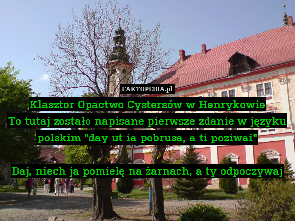Klasztor Opactwo Cystersów w Henrykowie
To tutaj zostało napisane pierwsze zdanie w języku polskim "day ut ia pobrusa, a ti poziwai"

Daj, niech ja pomielę na żarnach, a ty odpoczywaj 