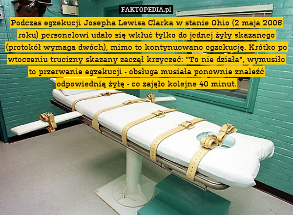 Podczas egzekucji Josepha Lewisa Clarka w stanie Ohio (2 maja 2006 roku) personelowi udało się wkłuć tylko do jednej żyły skazanego (protokół wymaga dwóch), mimo to kontynuowano egzekucję. Krótko po wtoczeniu trucizny skazany zaczął krzyczeć: "To nie działa", wymusiło to przerwanie egzekucji - obsługa musiała ponownie znaleźć odpowiednią żyłę - co zajęło kolejne 40 minut. 