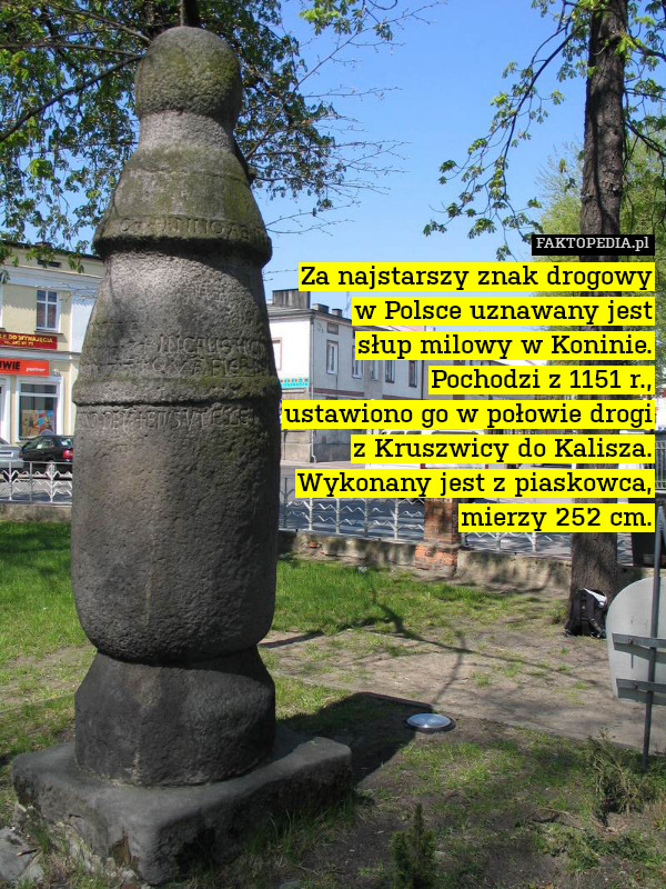 Za najstarszy znak drogowy
w Polsce uznawany jest
słup milowy w Koninie.
Pochodzi z 1151 r.,
ustawiono go w połowie drogi
z Kruszwicy do Kalisza.
Wykonany jest z piaskowca,
mierzy 252 cm. 