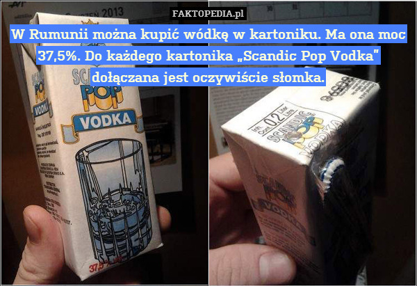 W Rumunii można kupić wódkę w kartoniku. Ma ona moc 37,5%. Do każdego kartonika „Scandic Pop Vodka” dołączana jest oczywiście słomka. 