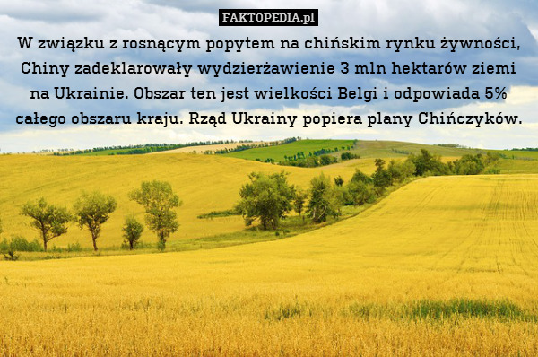 W związku z rosnącym popytem na chińskim rynku żywności, Chiny zadeklarowały wydzierżawienie 3 mln hektarów ziemi na Ukrainie. Obszar ten jest wielkości Belgi i odpowiada 5% całego obszaru kraju. Rząd Ukrainy popiera plany Chińczyków. 