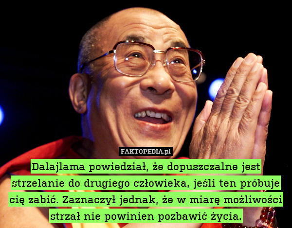 Dalajlama powiedział, że dopuszczalne jest strzelanie do drugiego człowieka, jeśli ten próbuje cię zabić. Zaznaczył jednak, że w miarę możliwości strzał nie powinien pozbawić życia. 