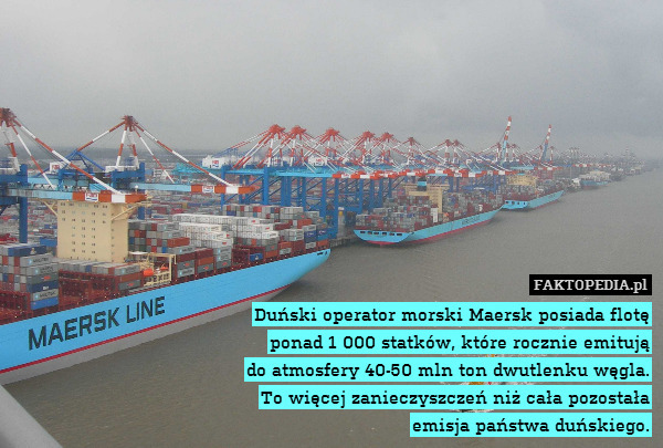 Duński operator morski Maersk posiada flotę
ponad 1 000 statków, które rocznie emitują
do atmosfery 40-50 mln ton dwutlenku węgla.
To więcej zanieczyszczeń niż cała pozostała
emisja państwa duńskiego. 