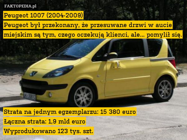 Peugeot 1007 (2004-2009)
Peugeot był przekonany, że przesuwane drzwi w aucie miejskim są tym, czego oczekują klienci, ale... pomylił się.







Strata na jednym egzemplarzu: 15 380 euro
Łączna strata: 1,9 mld euro
Wyprodukowano 123 tys. szt. 