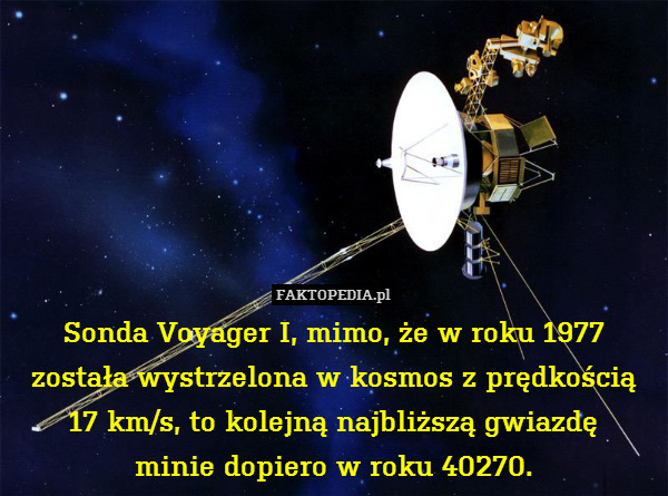 Sonda Voyager I, mimo, że w roku 1977 została wystrzelona w kosmos z prędkością 17 km/s, to kolejną najbliższą gwiazdę
minie dopiero w roku 40270. 
