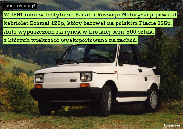 W 1991 roku w Instytucie Badań i Rozwoju Motoryzacji powstał kabriolet Bosmal 126p, który bazował na polskim Fiacie 126p.
Auto wypuszczono na rynek w krótkiej serii 500 sztuk,
z których większość wyeksportowano na zachód. 