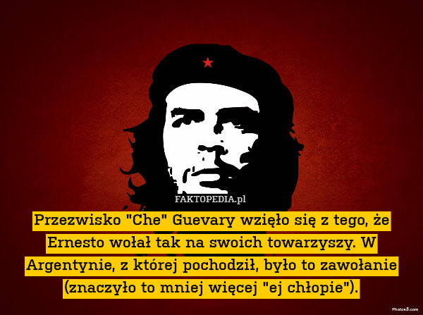 Przezwisko "Che" Guevary wzięło się z tego, że Ernesto wołał tak na swoich towarzyszy. W Argentynie, z której pochodził, było to zawołanie (znaczyło to mniej więcej "ej chłopie"). 