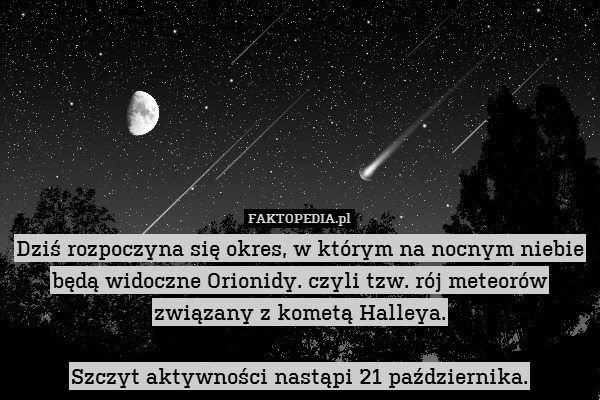 Dziś rozpoczyna się okres, w którym na nocnym niebie będą widoczne Orionidy. czyli tzw. rój meteorów związany z kometą Halleya.

Szczyt aktywności nastąpi 21 października. 