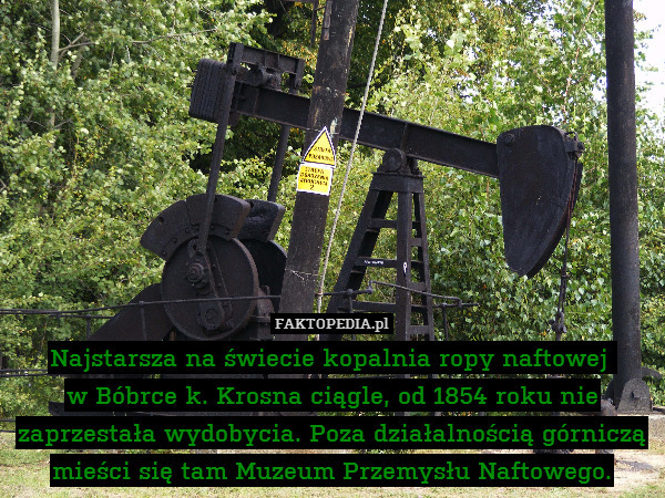 Najstarsza na świecie kopalnia ropy naftowej 
w Bóbrce k. Krosna ciągle, od 1854 roku nie zaprzestała wydobycia. Poza działalnością górniczą mieści się tam Muzeum Przemysłu Naftowego. 