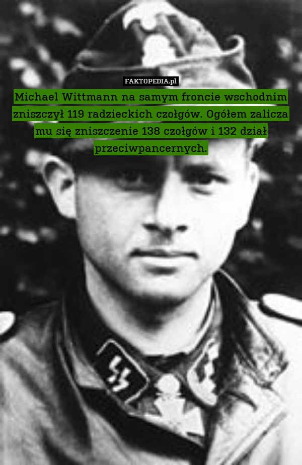Michael Wittmann na samym froncie wschodnim zniszczył 119 radzieckich czołgów. Ogółem zalicza mu się zniszczenie 138 czołgów i 132 dział przeciwpancernych. 