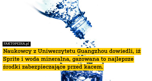 Naukowcy z Uniwersytetu Guangzhou dowiedli, iż Sprite i woda mineralna, gazowana to najlepsze środki zabezpieczające przed kacem. 