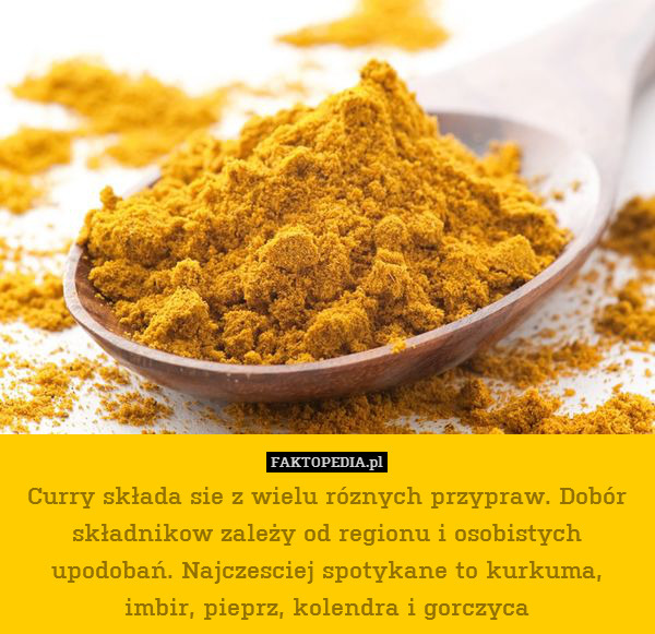 Curry składa sie z wielu róznych przypraw. Dobór składnikow zależy od regionu i osobistych upodobań. Najczesciej spotykane to kurkuma, imbir, pieprz, kolendra i gorczyca 