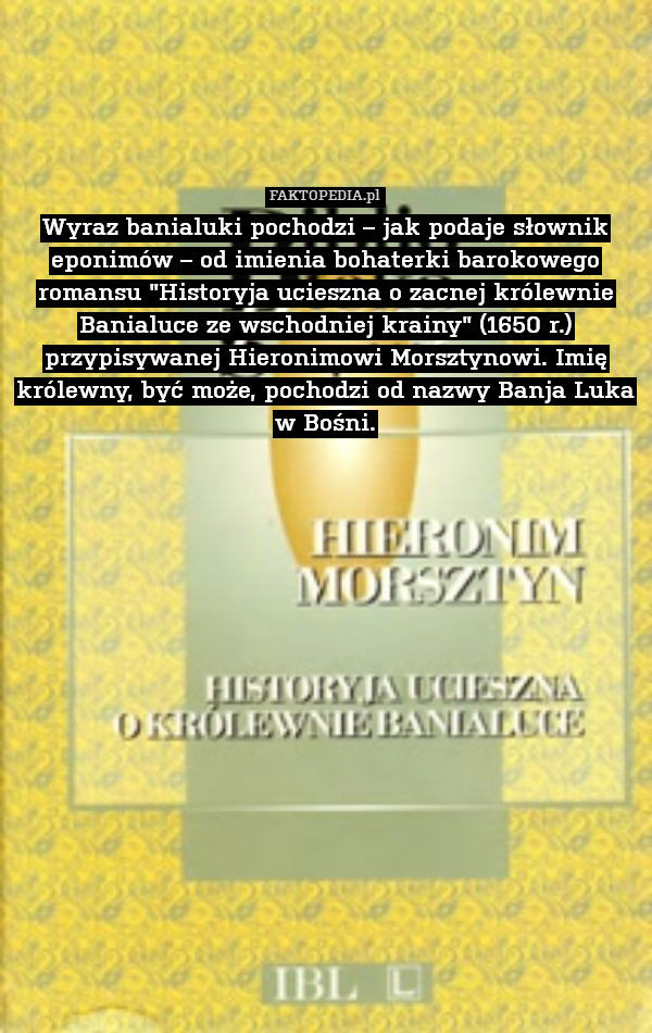 Wyraz banialuki pochodzi – jak podaje słownik eponimów – od imienia bohaterki barokowego romansu "Historyja ucieszna o zacnej królewnie Banialuce ze wschodniej krainy" (1650 r.) przypisywanej Hieronimowi Morsztynowi. Imię królewny, być może, pochodzi od nazwy Banja Luka w Bośni. 