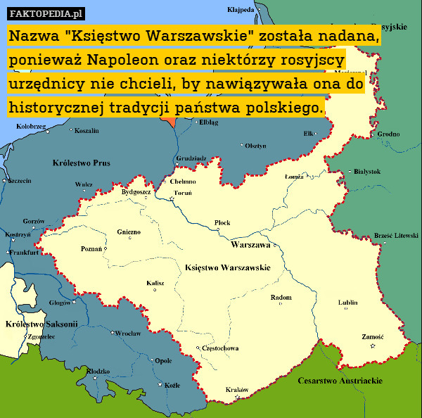 Nazwa "Księstwo Warszawskie" została nadana, ponieważ Napoleon oraz niektórzy rosyjscy urzędnicy nie chcieli, by nawiązywała ona do historycznej tradycji państwa polskiego. 