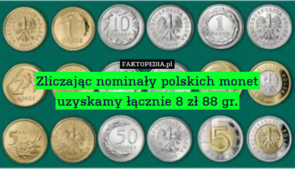 Zliczając nominały polskich monet
uzyskamy łącznie 8 zł 88 gr. 