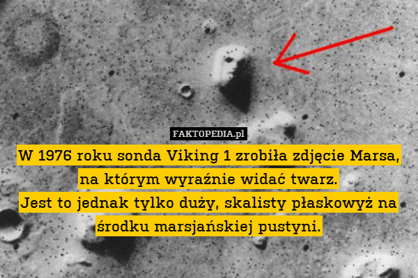 W 1976 roku sonda Viking 1 zrobiła zdjęcie Marsa, na którym wyraźnie widać twarz.
Jest to jednak tylko duży, skalisty płaskowyż na środku marsjańskiej pustyni. 