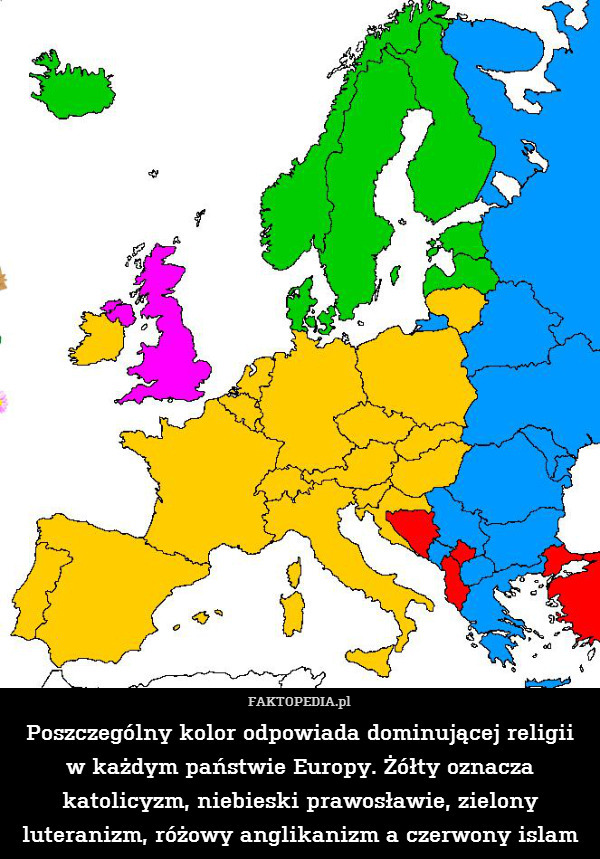 Poszczególny kolor odpowiada dominującej religii
w każdym państwie Europy. Żółty oznacza katolicyzm, niebieski prawosławie, zielony luteranizm, różowy anglikanizm a czerwony islam 