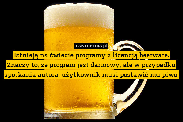 Istnieją na świecie programy z licencją beerware.
Znaczy to, że program jest darmowy, ale w przypadku spotkania autora, użytkownik musi postawić mu piwo. 