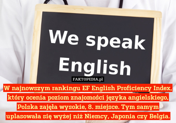 W najnowszym rankingu EF English Proficiency Index, który ocenia poziom znajomości języka angielskiego, Polska zajęła wysokie, 8. miejsce. Tym samym uplasowała się wyżej niż Niemcy, Japonia czy Belgia. 