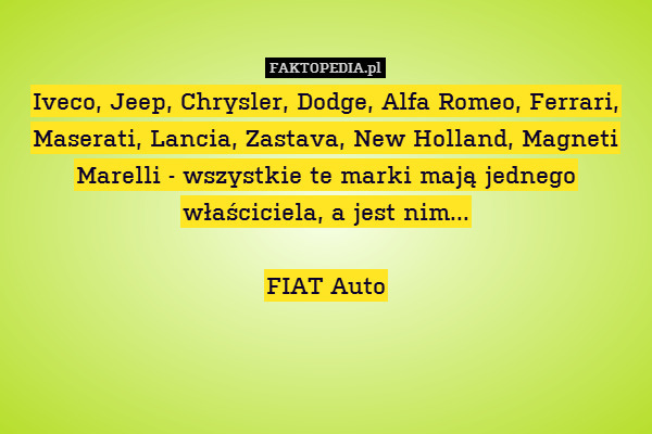 Iveco, Jeep, Chrysler, Dodge, Alfa Romeo, Ferrari, Maserati, Lancia, Zastava, New Holland, Magneti Marelli - wszystkie te marki mają jednego właściciela, a jest nim...

FIAT Auto 