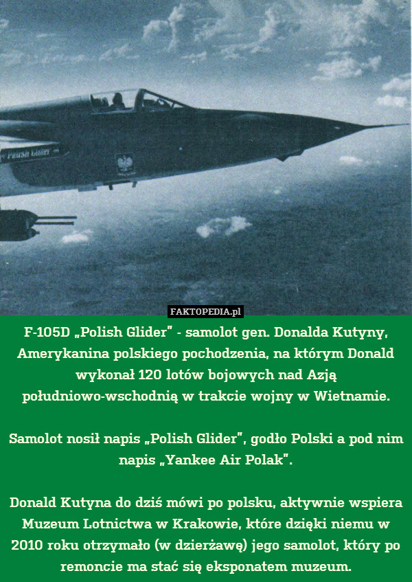 F-105D „Polish Glider” - samolot gen. Donalda Kutyny, Amerykanina polskiego pochodzenia, na którym Donald wykonał 120 lotów bojowych nad Azją południowo-wschodnią w trakcie wojny w Wietnamie.

Samolot nosił napis „Polish Glider”, godło Polski a pod nim napis „Yankee Air Polak”.

Donald Kutyna do dziś mówi po polsku, aktywnie wspiera Muzeum Lotnictwa w Krakowie, które dzięki niemu w 2010 roku otrzymało (w dzierżawę) jego samolot, który po remoncie ma stać się eksponatem muzeum. 
