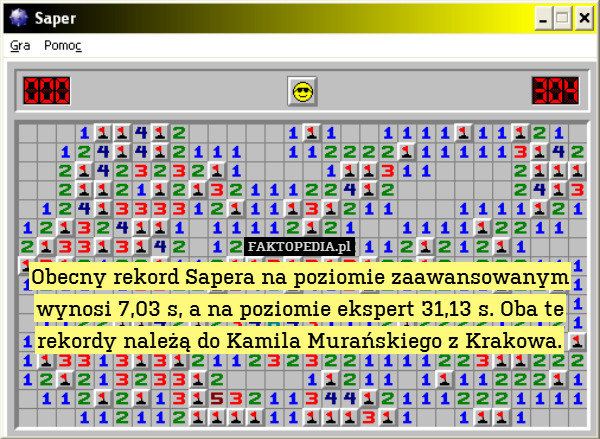 Obecny rekord Sapera na poziomie zaawansowanym wynosi 7,03 s, a na poziomie ekspert 31,13 s. Oba te rekordy należą do Kamila Murańskiego z Krakowa. 