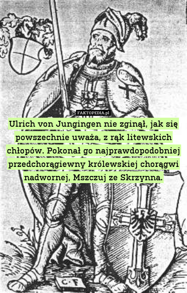 Ulrich von Jungingen nie zginął, jak się powszechnie uważa, z rąk litewskich chłopów. Pokonał go najprawdopodobniej przedchorągiewny królewskiej chorągwi nadwornej, Mszczuj ze Skrzynna. 