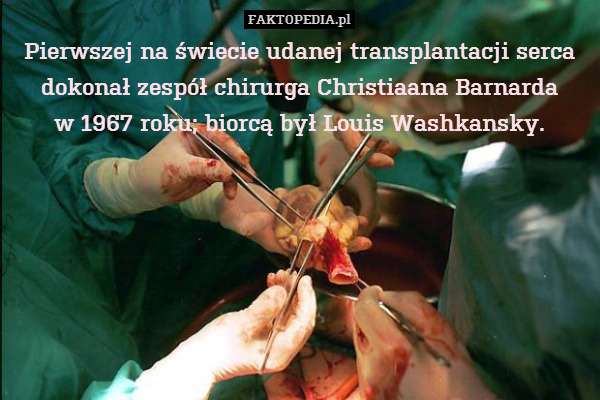 Pierwszej na świecie udanej transplantacji serca dokonał zespół chirurga Christiaana Barnarda
w 1967 roku; biorcą był Louis Washkansky. 