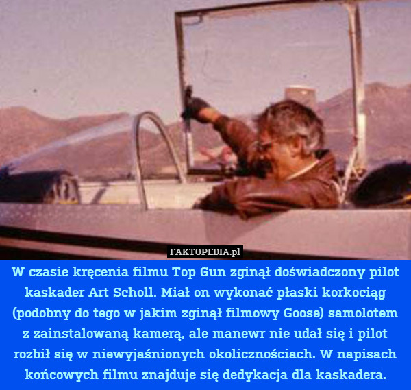 W czasie kręcenia filmu Top Gun zginął doświadczony pilot kaskader Art Scholl. Miał on wykonać płaski korkociąg (podobny do tego w jakim zginął filmowy Goose) samolotem z zainstalowaną kamerą, ale manewr nie udał się i pilot rozbił się w niewyjaśnionych okolicznościach. W napisach końcowych filmu znajduje się dedykacja dla kaskadera. 